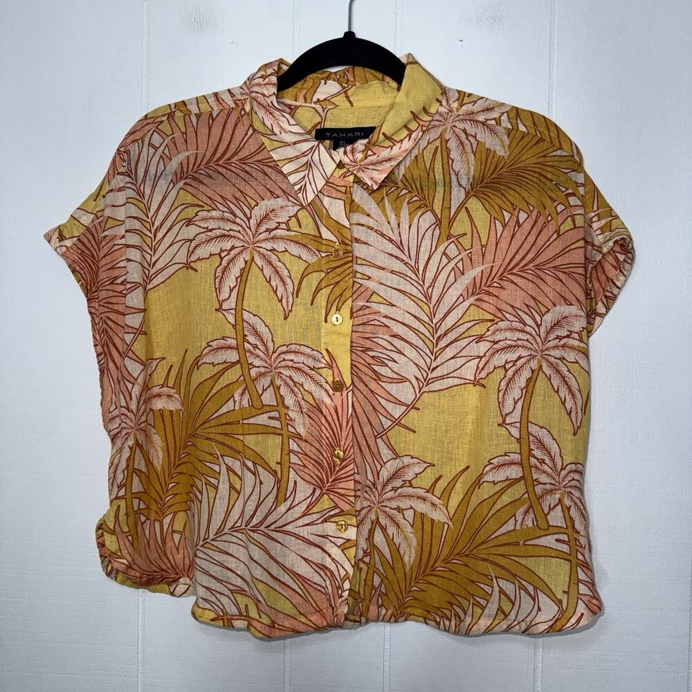 Tahari Women’s Linen Blend Palm Tree Print Top Cropped Orange Beach Size Large